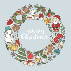 Fototapeta na wymiar Hand drawn Merry Christmas doodle objects in circle composition around text. Vector illustration of New year symbols on blue background. Happy holidays.