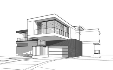 3d rendering sketch of modern cozy house by the river with garage for sale or rent. Black line sketch with soft light shadows on white background