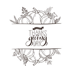 Happy Thanksgiving greeting card template. Autumn composition with hand drawn pumkins isolated on white background. Thanksgiving banner.