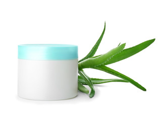 Jar with aloe vera balm and fresh leaves on white background