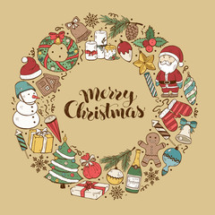 Hand drawn Merry Christmas doodle objects in circle composition around text. Vector illustration of New year symbols  on gold background. Happy holidays.