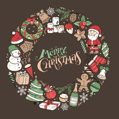 Hand drawn Merry Christmas doodle objects in circle composition around text. Vector illustration of New year symbols  on dark background. Happy holidays.