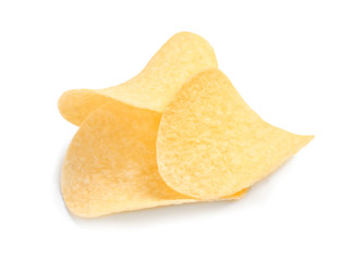 Tasty crispy potato chips on white background