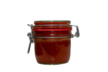 homemade fresh tomato sauce jar. Ragout sauce.  isolated on white background