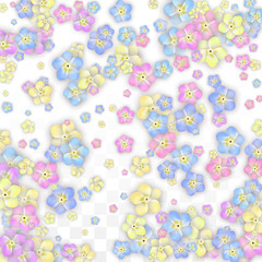 Vector Realistic Colorful Petals Falling on Transparent Background.  Spring Romantic Flowers Illustration. Flying Petals. Sakura Spa Design. Blossom Confetti. Design Elements for Wedding Decoration.