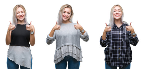 Collage of beautiful blonde young woman over isolated background success sign doing positive gesture with hand, thumbs up smiling and happy. 