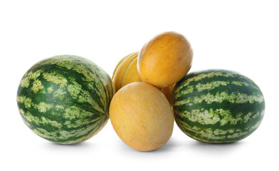 Delicious melons and watermelons on white background