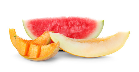 Tasty slices of melons and watermelon on white background
