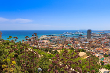 Naklejka premium Alicante Santa Barbara castle with panoramic aerial view at the famous touristic city in Costa Blanca, Spain