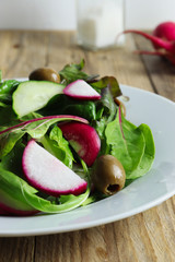 Freshly prepared salad made of greens, red radishes and green olives