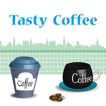 Fototapeta Colorful background with two coffee cups and the text tasty coffee written above them with blue letters