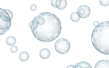 Bitcoin economic financial bubble. Cryptocurrency 3D illustration. Business concept. Blue bubbles on a white background