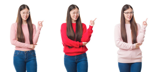 Obraz premium Collage of young beautiful Chinese woman over isolated background with a big smile on face, pointing with hand and finger to the side looking at the camera.