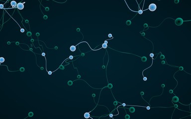 Neural network. Social network. Futuristic dna, deoxyribonucleic acid. Abstract molecule, cell illustration, mycelium. Dark background. 3D illustration