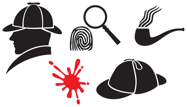 Sherlock Holmes icons (hat, magnifier, blood, fingerprint, pipe)