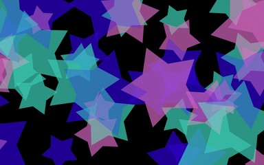 Multicolored translucent stars on a dark background. Green tones. 3D illustration