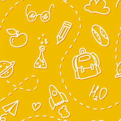 School seamless pattern with contour icons on yellow background. Thin line flat design. Vector.