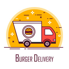 Burger delivery poster with truck. Thin line flat design. Vector icon.