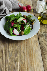 Freshly prepared salad made of greens, red radishes and green olives