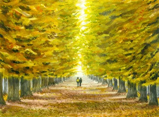 Deurstickers Watercolor illustration of the autumn landscape with a couple strolling through the old park © milovelen