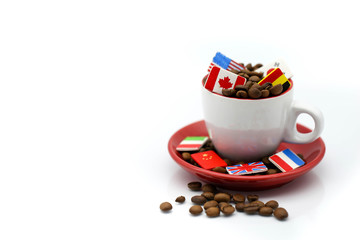 Obraz na płótnie Canvas Coffee cup and roasted coffee beans with flag using for concept of International coffe day.