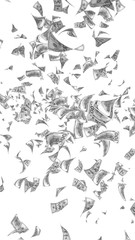 Flying dollars banknotes isolated on white background. Money is flying in the air. 100 US banknotes new sample. Black and white style. 3D illustration