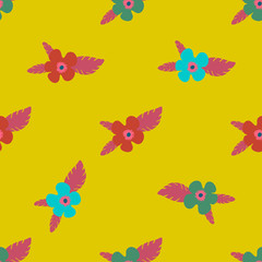 Seamless ditsy floral pattern with bright colorful flowers and leaves on black background in naive folk style. Summer template for fashion prints in vector.