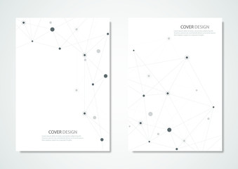 Technology and science vector brochure or cover design. Geometric abstract background with connected lines and dots.