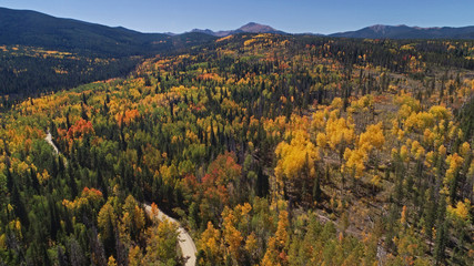 Aerial view of the autumn fall weather bringing in the changing colors of the aspen tree leaves in the Colorado mountains