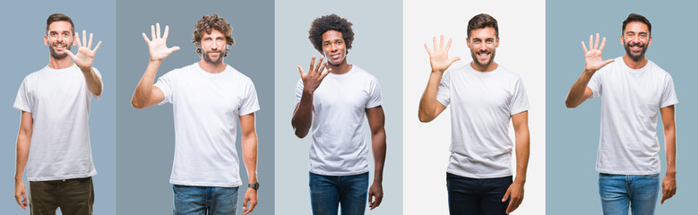 Collage of group of handsome hispanic, indian and arab men over vintage background showing and pointing up with fingers number five while smiling confident and happy.