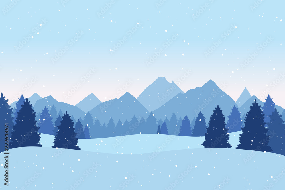 Wall mural christmas postcard with winter landscape with pine trees, mountains and snowflakes. xmas background.