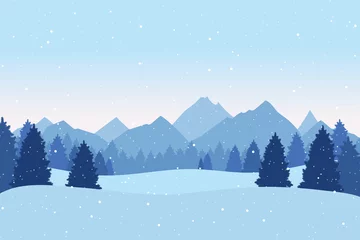 Fotobehang Christmas postcard with winter landscape with pine trees,  mountains and snowflakes. Xmas background. Vector illustration © Meranna