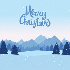 Naklejka premium Christmas postcard with winter landscape with pine trees, mountains and snowflakes. Xmas background. Vector illustration