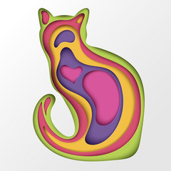 Elegant paper cat silhouette with abstract shapes. Modern paper cut origami style. Sitting cat with layeers and shadows