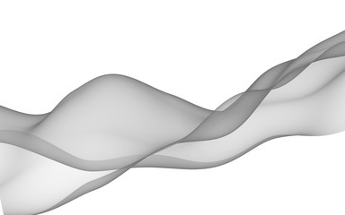 Abstract gray wave. Raster air background. Bright gray ribbon on white background. Gray scarf. Abstract gray smoke. 3D illustration