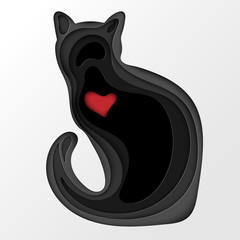 Elegant paper cat silhouette with shape of heart. Modern paper cut origami style. Sitting cat with layeers and shadows