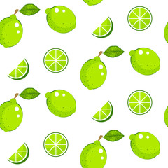 Lime with green leaves on white background. Citrus seamless vector pattern.