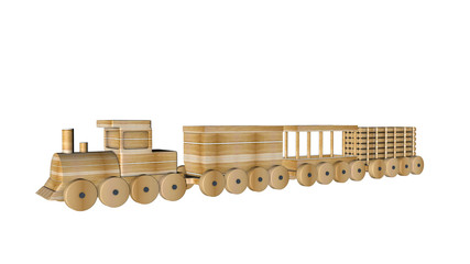 wooden train with wagons on a white background. 3D rendering