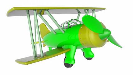 plastic model of a toy biplane on a white background. 3D rendering