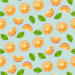 Orange citrus with green leaves on blue background. Juicy seamless vector pattern.