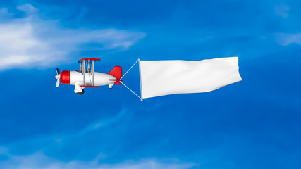 toy biplane in a blue sky with a white blank banner. 3D rendering © toomler