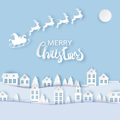 Winter urban countryside landscape village with cute paper houses, pine trees and Santa with deers flying in the sky. Merry Christmas and New Year paper art background