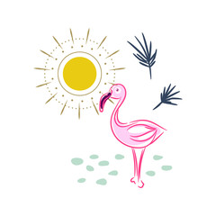 Flamingo and sun isolated vector print.