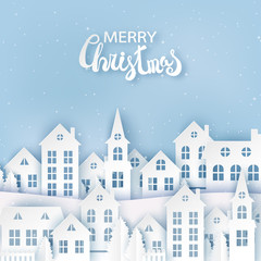Fototapeta na wymiar Winter urban countryside landscape, village with cute paper houses, pine trees and snow. Merry Christmas and New Year paper art background