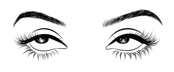 Illustration of woman's sexy expressive  eye roll with perfectly shaped eyebrows and full lashes. Hand-drawn Idea for business visit card, typography vector. Perfect salon look.Hollow style