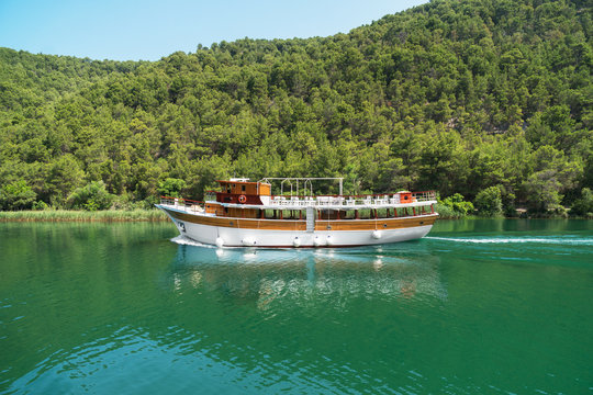 Sightseeing boat in national park KRKA, Croatia.