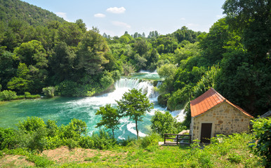 Fototapeta na wymiar Beautiful view of waterfall in KRKA national park, Croatia.