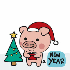 Chinese pig year with gift and Christmas tree New year cartoon doodle vector with copy space illustration 