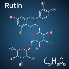 Rutin molecule (vitamin P). Structural chemical formula and molecule model on the dark blue background