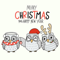 White Owl family Merry Christmas and Happy New Year cartoon vector illustration doodle style